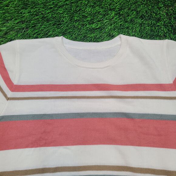 VTG 70s Striped Knit Sweater Tee Womens L Retro Preppy USA - Picture 2 of 6